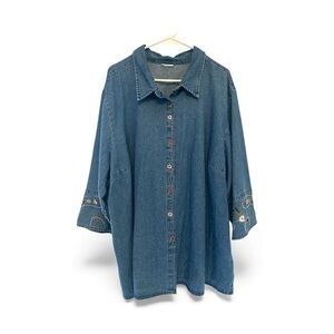 Vintage No Brand Tag Floral Embroidered Blue Denim Tunic Top XL